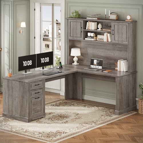 Farmhouse L Shaped Desk with Hutch and 3 Drawers, view 2