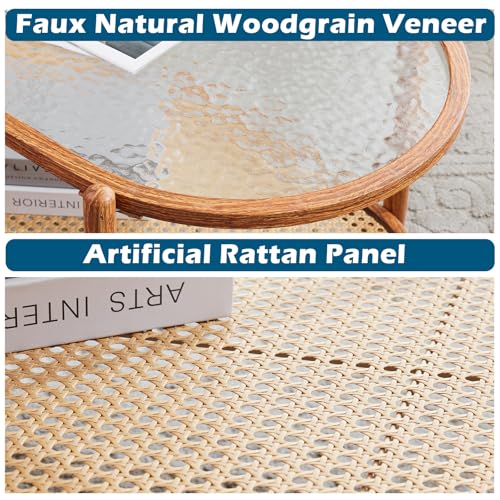 38" Rattan Oval Coffee Table, Water-Wave Glass Metal Center Table, Modern Coffees Table with 2-Tier Storage, Farmhouse Coffe Table for Living Room and Small Space, Natural Vibe