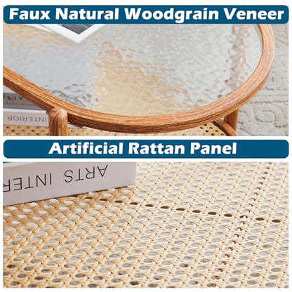38" Rattan Oval Coffee Table, Water-Wave Glass Metal Center Table, Modern Coffees Table with 2-Tier Storage, Farmhouse Coffe Table for Living Room and Small Space, Natural Vibe