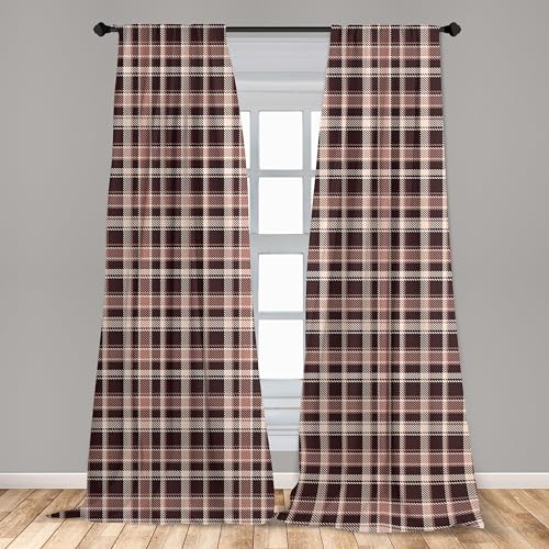 Vintage Curtains, Gingham Style Checkered Lines Popular Culture Fashion Featured Pattern Image, Window Treatments 2 Panel Set for Living Room Bedroom, Pair of - 28" x 84", Brown Camel