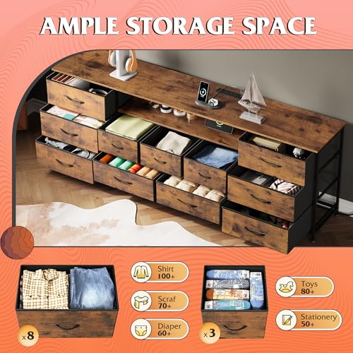 Dresser TV Stand for 85 Inch TV, 11 Drawer LED Dresser, Rustic Brown, view 6