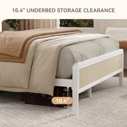 Rattan Queen Bed Frame with Headboard, Boho Queen Metal Platform Bed Frame with Steel Slats, Under Bed Storage, Rounded Corners, No Box Spring Needed, Quiet Design, Easy Assembly, White