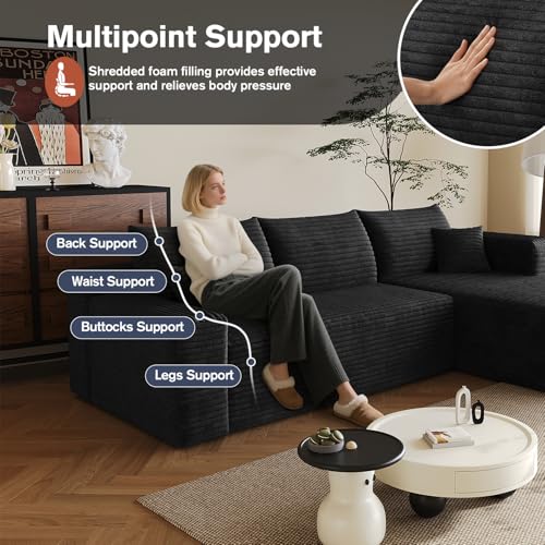 96.5" L-Shape Boneless Modular Sectional Cloud Couch in a Box with Chaise Modern Comfy Corduroy couches for Living Room-Memory Foam Compressed Sofa,No Assembly Required(Black)