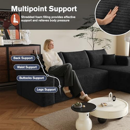 96.5" L-Shape Boneless Modular Sectional Cloud Couch in a Box with Chaise Modern Comfy Corduroy couches for Living Room-Memory Foam Compressed Sofa,No Assembly Required(Black)