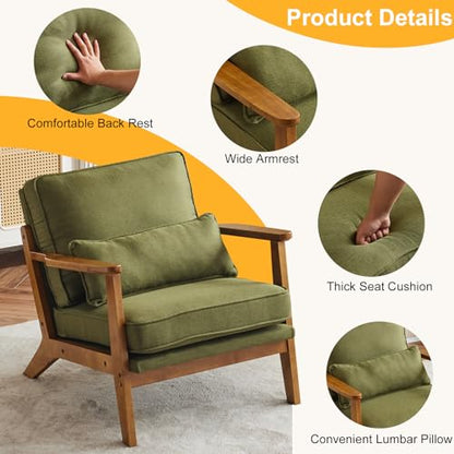 Mid-Century Lounge Accent Chair, Green | Wide Curved Armrest, Linen Fabric, Lumbar Pillow Included, Solid Wood Frame, For Living Room, Bedroom, Balcony, Apartment