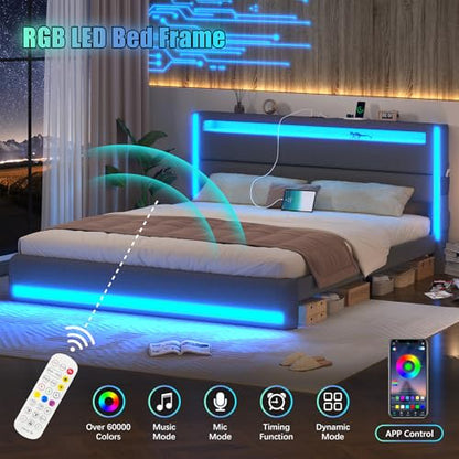 King Size Bed Frame with Headboard, Upholstered LED Bed Frame, Light up, view 4