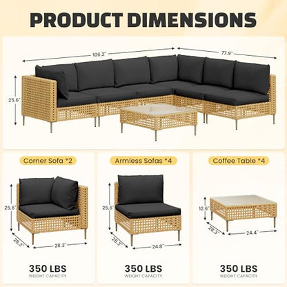 7-Piece Wicker Outdoor Patio Furniture Set, Outdoor Sectional Furniture, Patio Sofa Sectional Conversation Sets, Handmade Rattan, Water-Resistant Fluffy Cushions and Coffee Table, Black