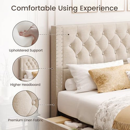 King Size Bed Frame with 4 Storage Drawers and Tufted Headboard Linen, view 7