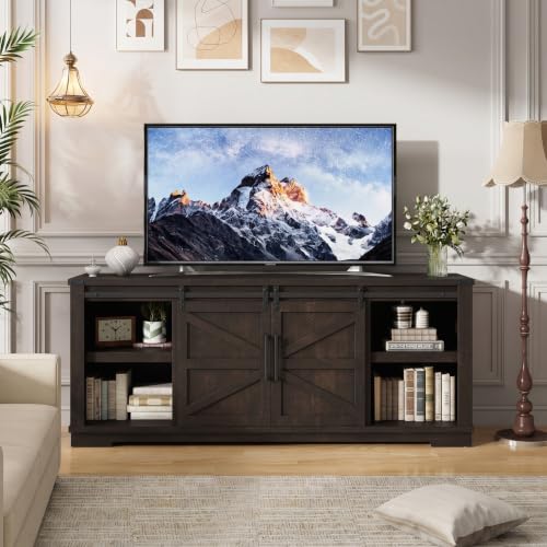 Farmhouse TV Stand, 66'' Wide Media Console with Barn Doors, Brown, view 4