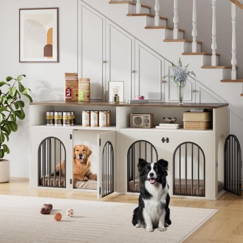 78.7" Double Dog Crate Furniture, Dog Kennel with Storage, White, view 4