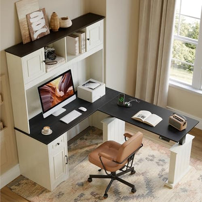 60" Adjustable L Shaped Executive Desk with Hutch and Storage Cabinet, Farmhouse Computer Desk with Charging Station, Reversible Home Office Workstation, Antique White