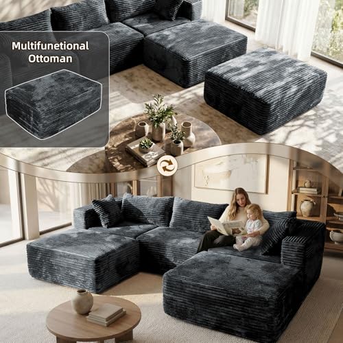 110 Modular Sectional Boneless Sofa with 2 Ottomans, Corduroy U-Shaped Modular Sectional Sofa, Convertible Cloud Couch with Deep Seats, No Assembly Required (Grey, 110" 3Seat+2 0ttoman)