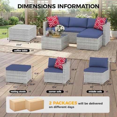 5-Piece Outdoor Sectional Sofa Set, Outdoor Patio Set Sectional Sofa, All-Weather PE Rattan Patio Furniture with Ottoman & Tempered Glass Table for Garden, Backyard, Porch, Poolside (Brown/Blue)