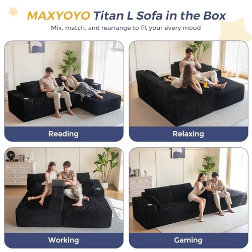 104" Modular Sectional Couch with L-Shape Chaise, Modern Boneless Couch for Living Room, Sofa in A Box, Oversized Sofa with Deep Seat, No Assembly Required, Black