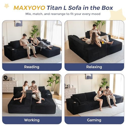 104" Modular Sectional Couch with L-Shape Chaise, Modern Boneless Couch for Living Room, Sofa in A Box, Oversized Sofa with Deep Seat, No Assembly Required, Black