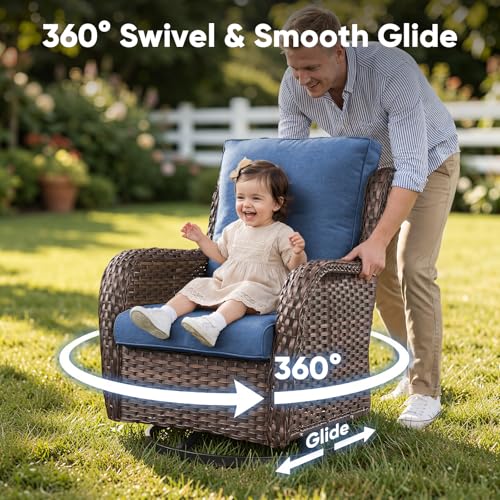 Patio Wicker Chairs Swivel Rocker,Outdoor Patio Furniture Set with Rattan Side Table, All Weather Conversation Set for Porch Poolside Balcony, Brown Wicker/Blue
