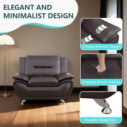 Leather Sectional Sofa Couches, Living Room Furniture Sets, 3 Pieces Modern Couch Set, Faux Leather Sofa Loveseat Chair Set with Sturdy Legs for Living Room/Bedroom/Office, Dark Brown