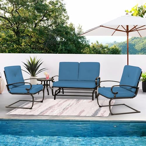 Patio Conversation Sets - Outdoor Metal Furniture Set (Peacock Blue, Wrought Iron, 4Pcs Including Glider, Bistro Table, 2 Spring Lounge Chairs)