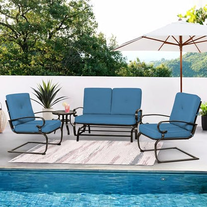 Patio Conversation Sets - Outdoor Metal Furniture Set (Peacock Blue, Wrought Iron, 4Pcs Including Glider, Bistro Table, 2 Spring Lounge Chairs)
