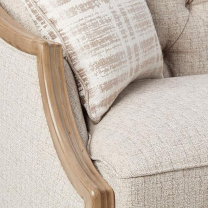 Chelmsford Loveseat with 2 Accent Pillows Beige Fabric Antique Taupe Frame Elegant Upholstered 2 Seater Sofa Classic Living Room Furniture Comfortable Cushions Durable Wooden Construction