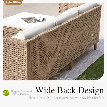 Outdoor Rattan Sofa Set with Thick Cushions & Coffee Table, Weather-Resistant Patio Furniture Set Sectional Couch for Patio Backyard Deck(Beige)
