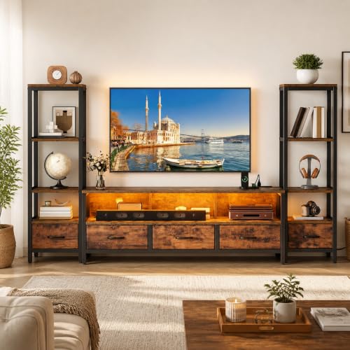 Rustic Brown TV Stand, 89.2" Wide, 5 Drawers, 2 Bookshelves, view 7