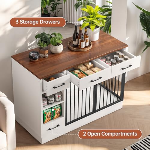 47.2" Large Dog Crate Furniture with 3 Storage Drawers & Hidden Bowl, view 5