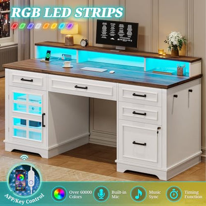 60'' Farmhouse Executive Desk with Drawers, Home Office Desk with Power Outlet & LED Light, Wood Computer Desk with Monitor Stand, Locking File Drawer, Glass Storage Cabinet, Hooks, White