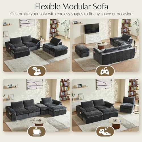 U-Shaped Sectional Sofa with 2 Ottomans, Grey 60.6''x108''x22.8'' | Ultra soft cloud sofa, deep boneless seat, 2 movable ottomans, no assembly, ideal for living room bedroom