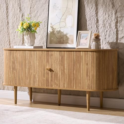 55" Mid-Century Modern Fluted TV Stand with Storage, Natural Oak, view 2