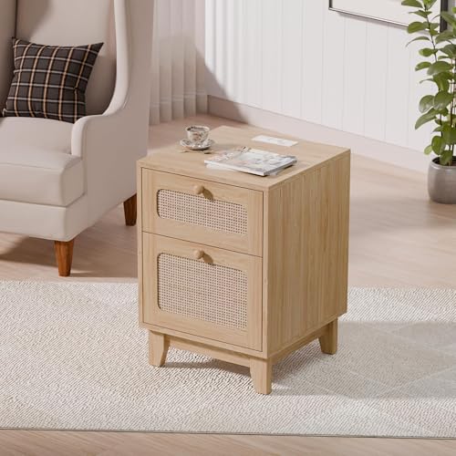 Rattan Nightstands Set of 2 with Charging Station, Wood Night Stands with Drawer and Cabinet, Boho Bedside Tables with USB & Type-C, Side End Tables for Bedroom