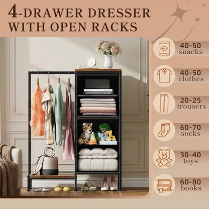 Tall Dresser 44''H with Hanging Rack, 4 Drawers Small Closet Dresser for Bedroom, view 6