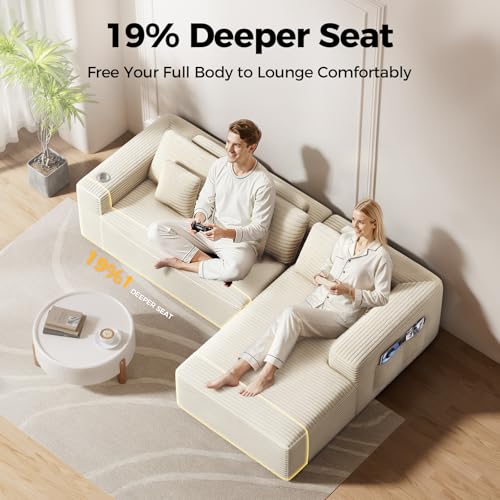 108" L-Shaped Boneless Sectional Couch, No Assembly Deep Seat, Beige | Cloud Sofa, 4-Seater Sofa, Storage Pockets, Plush Corduroy, Right-Facing Chaise