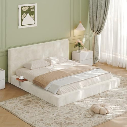 Upholstered King Bed Frame with Cloud Pad, King (U.S. Standard) | Sliding Wood Side Table, Low-Profile Platform, Easy Assembly, Off-White Sherpa