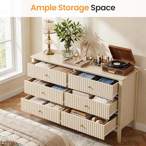 Beige 6 Drawer Dresser, Fluted Modern Wood Chest of Drawers, view 5