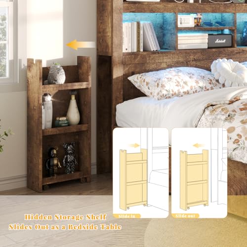 King Bed Frame with Storage, Bookcase Headboard, Rustic Brown, view 6