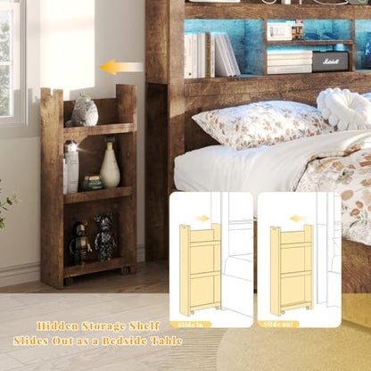 King Bed Frame with Storage, Bookcase Headboard, Rustic Brown, view 6