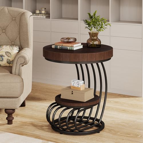 Tribesigns Round End Table, 2-Tier Farmhose Wood Side Table with Shelf Storage, Small Sofa Side Bedside Nightstand, Arc-Shaped Frame Accent Furniture for Living Room, Rustic Brown