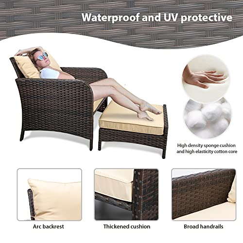 Balcony Furniture 5 Piece Patio Conversation Set, PE Wicker Rattan Outdoor Lounge Chairs with Soft Cushions 2 Ottoman&Glass Table for Porch, Lawn-Brown Wicker