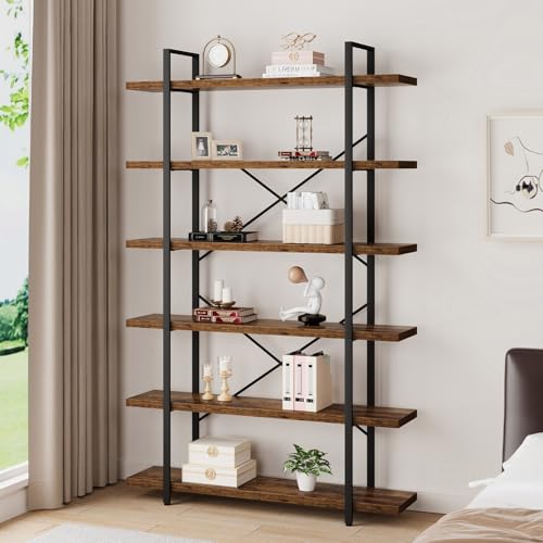 6 Shelf Tall Bookcase, Industrial Modern Large 6 Tier Bookshelf, Open Wood and Metal Display & Storage Rack,Farmhouse Bookcases and Book Shelves 6 Shelf for Bedroom Living Room Office,Rustic Brown