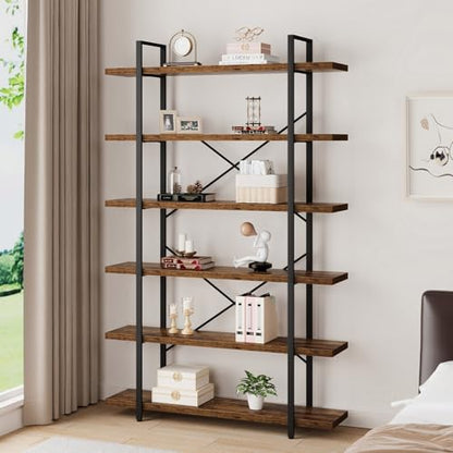 6 Shelf Tall Bookcase, Industrial Modern Large 6 Tier Bookshelf, Open Wood and Metal Display & Storage Rack,Farmhouse Bookcases and Book Shelves 6 Shelf for Bedroom Living Room Office,Rustic Brown