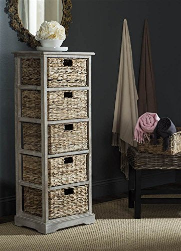 SAFAVIEH Furniture - Vedette 5-Basket Storage Tower - White Washed - Solid Wood - Coastal Basket Tower Design - Ideal for Entryway, Living Room, 17.5"W x 13.5"D x 46"H - Fully Assembled (AMH5739E)
