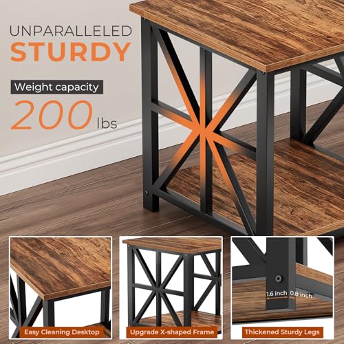 19.7 inch End Table with 2-Tier Storage Shelf for Living Room | Rustic Side Table for Bedroom,Sturdy X-shaped Metal Frame Nightstand,Scratch-resistant Sofa Table,Waterproof Top,Walnut