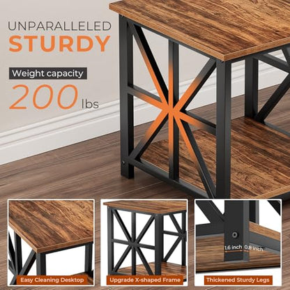 19.7 inch End Table with 2-Tier Storage Shelf for Living Room | Rustic Side Table for Bedroom,Sturdy X-shaped Metal Frame Nightstand,Scratch-resistant Sofa Table,Waterproof Top,Walnut