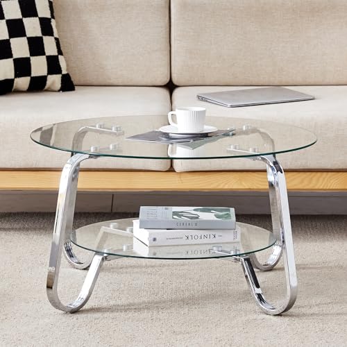 31.5" Silver Round Glass Coffee Table Modern Living Room Table 2-Layer Sofa, view 5