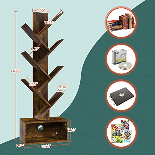 Tree Bookshelf - 6 Shelf Retro Floor Standing Bookcase, Tall Wood Book Storage Rack for CDs/Movies/Books, Utility Book Organizer Shelves for Bedroom, Living Room, Home Office, Rustic Brown
