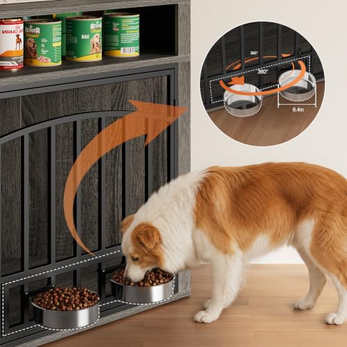 Corner Dog Crate Furniture - Wooden Dog Cage with 2 Swivel Bowls, view 5