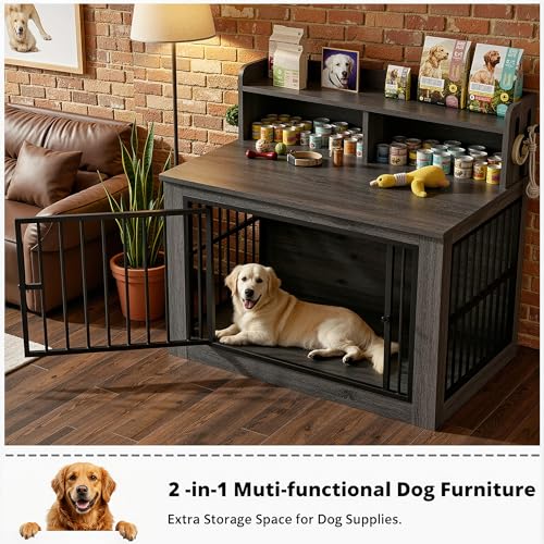 43.3" Extra Large Dog Crate Furniture with Storage Shelf | 1.0mm iron rods. Storage shelf and 4 hooks. 200 lb tabletop. 30"L x 43.3"W x 41.1"H indoor large crate