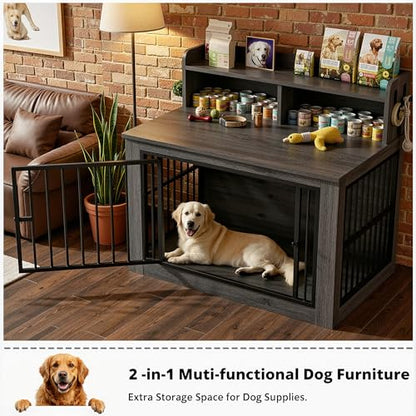 43.3" Extra Large Dog Crate Furniture with Storage Shelf | 1.0mm iron rods. Storage shelf and 4 hooks. 200 lb tabletop. 30"L x 43.3"W x 41.1"H indoor large crate
