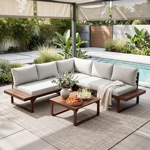 4 Pieces Wood Patio Furniture Set Outdoor Sectional, L Shaped Outdoor Couch Outdoor Sectional Furniture with Built-in Side Table for Backyard,Deck,Balcony